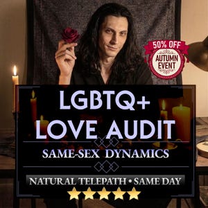 May include: A person with long dark hair holding a dark red rose, surrounded by lit candles. Text reads: LGBTQ+ LOVE AUDIT SAME-SEX DYNAMICS NATURAL TELEPATH SAME DAY. A red badge states 50% OFF AUTUMN EVENT, and five gold stars are displayed below.