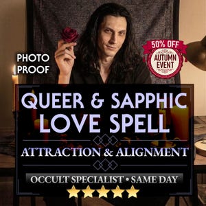 May include: A person with long dark hair holding a dark red rose, with text reading QUEER & SAPPHIC LOVE SPELL, ATTRACTION & ALIGNMENT, OCCULT SPECIALIST • SAME DAY, PHOTO PROOF, and 50% OFF AUTUMN EVENT, accompanied by five gold stars.