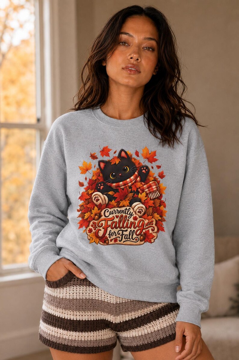 Trui met zwarte kitten en herfstbladeren, een knusse herfsttrui. afbeelding 7
