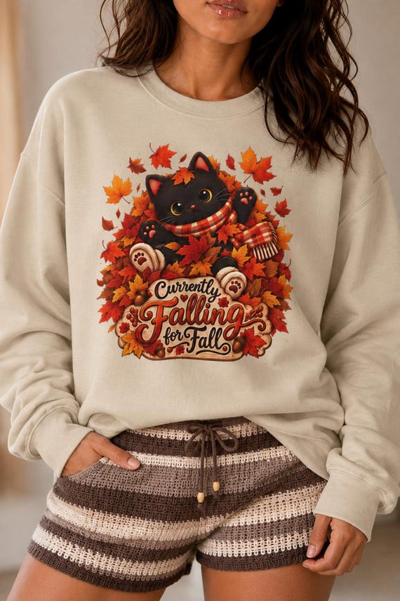 Black Kitten Autumn Leaves Sweatshirt, Cozy Fall Pullover
