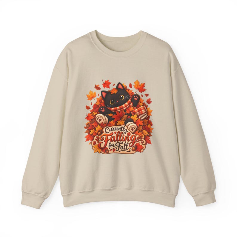 Trui met zwarte kitten en herfstbladeren, een knusse herfsttrui. afbeelding 11