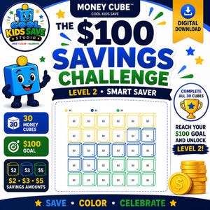 May include: A digital download savings challenge sheet titled The $100 Savings Challenge Level 2 Smart Saver. It features a grid of 30 cubes to color, labeled with $2, $3, and $5 amounts, alongside a blue cube mascot, a trophy icon, and gold coins.