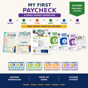 以下が含まれることがあります： My First Paycheckというタイトルの子供向け18ページの印刷可能な金融教育システム。仕事、給与明細、支払い計画のワークシート、貯蓄・支出・寄付用の封筒、および1ドル、5ドル、10ドル、20ドルの額面の遊び用紙幣シートが含まれています。