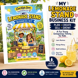 Puede incluir: Un kit de negocios digital titulado My Lemonade Stand Business Kit. La imagen muestra a dos niños en un puesto de limonada con texto que incluye Plan, Create, Sell, Grow, Learn Business, Manage Money, Build Confidence y Have Fun & Succeed.