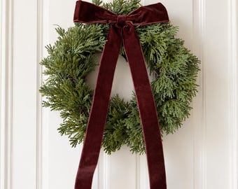 Mini Evergreen Wreath with Burgundy Velvet Bow | Christmas Window Decor