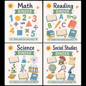 May include: Four square binder covers featuring colorful illustrations. The Math Binder shows numbers and shapes. The Reading Binder displays books, letters, and glasses. The Science Binder depicts a microscope, flask, and atom. The Social Studies Binder shows a globe, helmet, and scroll.