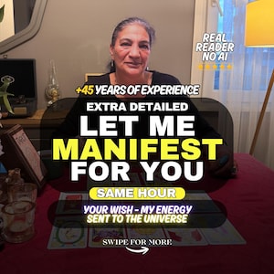 May include: A person in a black long-sleeve shirt sits at a table with tarot cards. Text overlays read: REAL READER NO AI, +45 YEARS OF EXPERIENCE, EXTRA DETAILED, LET ME MANIFEST FOR YOU, SAME HOUR, YOUR WISH - MY ENERGY SENT TO THE UNIVERSE, SWIPE FOR MORE.