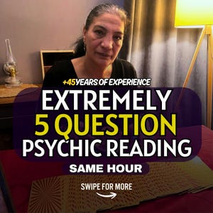 May include: A psychic reading service advertisement featuring the text +45 YEARS OF EXPERIENCE, EXTREMELY 5 QUESTION PSYCHIC READING, SAME HOUR, and SWIPE FOR MORE with an arrow icon. A person is positioned behind a red surface with tarot cards.