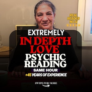 May include: A person with dark hair wearing a black top, with text overlay reading EXTREMELY IN DEPTH LOVE PSYCHIC READING, REAL READER NO AI, SAME HOUR, +45 YEARS OF EXPERIENCE, and SWIPE FOR MORE with an arrow icon at the bottom.