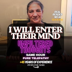 May include: A person with dark hair wearing a black top, with text overlay reading: I WILL ENTER THEIR MIND, UNFILTERED THOUGHTS, SAME HOUR, PURE TELEPATHY, +45 YEARS OF EXPERIENCE, SWIPE FOR MORE, REAL READER NO AI, and five yellow stars.
