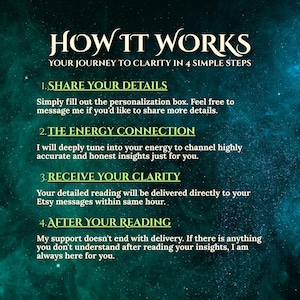 Puede incluir: Un gr&aacute;fico informativo con fondo de nebulosa azul oscuro titulado HOW IT WORKS: YOUR JOURNEY TO CLARITY IN 4 SIMPLE STEPS. Enumera cuatro pasos: 1. SHARE YOUR DETAILS, 2. THE ENERGY CONNECTION, 3. RECEIVE YOUR CLARITY y 4. AFTER YOUR READING.