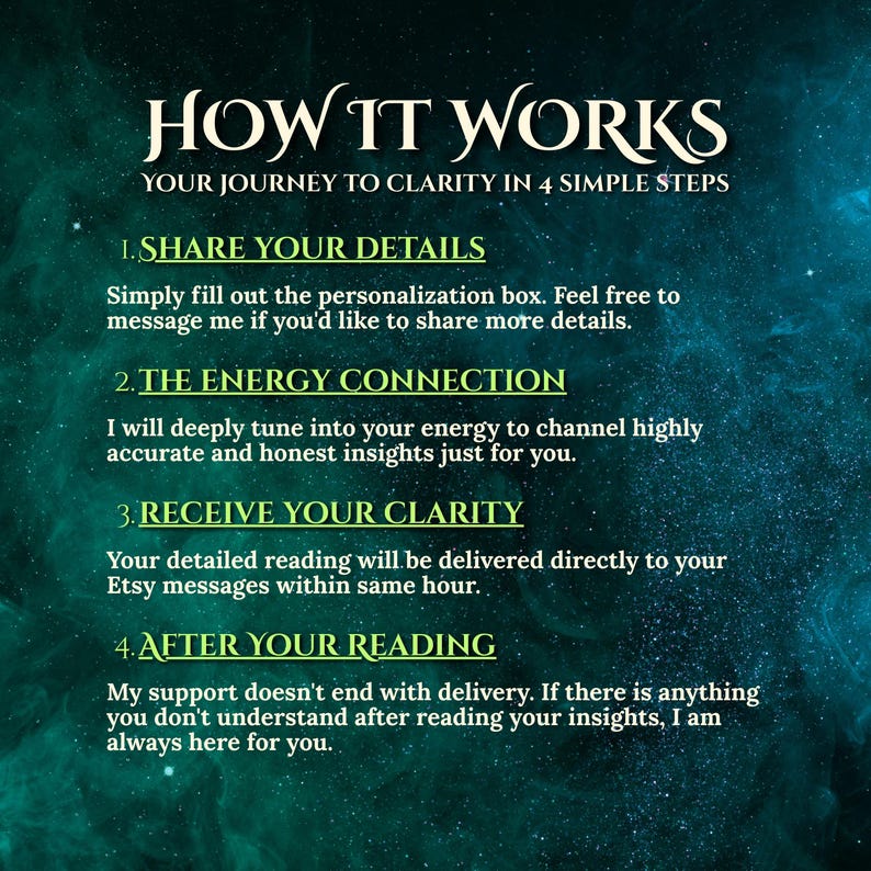 Puede incluir: Un gr&aacute;fico informativo con fondo de nebulosa azul oscuro titulado HOW IT WORKS: YOUR JOURNEY TO CLARITY IN 4 SIMPLE STEPS. Enumera cuatro pasos: 1. SHARE YOUR DETAILS, 2. THE ENERGY CONNECTION, 3. RECEIVE YOUR CLARITY y 4. AFTER YOUR READING.
