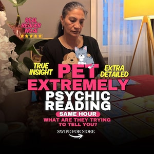 Könnte beinhalten: Eine digitale Grafik mit dem Text REAL READER NO AI, TRUE INSIGHT, PET EXTREMELY PSYCHIC READING, SAME HOUR, WHAT ARE THEY TRYING TO TELL YOU?, SWIPE FOR MORE und EXTRA DETAILED, sowie Cartoon-Illustrationen eines Hundes und einer Katze.