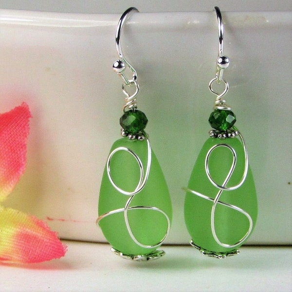 Green Sea Glass Earrings, Wire Wrap Sea Foam Sea Glass Earrings, Tear Drop Dangling Ear Rings, Eco & Allergy Free Beachy Jewelry