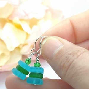 Blue Green Sea Glass Earrings, Ocean Lover Gift Minimalist Dainty Gift For Her Sterling Silver Handmade Jewelry, Beach Wedding