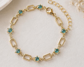 Aqua Star Gold Bracelet, Coastal Chain Bracelet, Celestial Jewelry, Beach Lover Gift, Dainty Gold Link Bracelet, Bridesmaid Gift