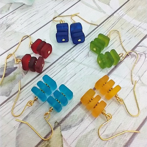 Stacked Square Sea Glass, Gold Dangle Earrings