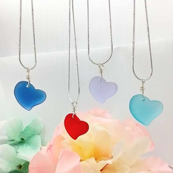 Sea Glass Heart Pendant Necklace: Silver Snake Chain, Handmade