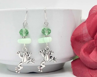 Green Glass Stainless Steel Frog Charm Silver Dangle Earrings Gifts For Her Nature Lover