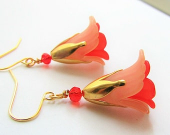 Beige Flower Dangle Earrings: Gold Floral Bead Caps, Red Crystal