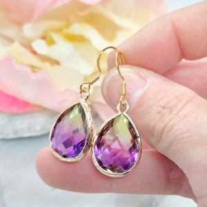 Purple Yellow Glass Teardrop Earrings: 14k Gold Dangle Earrings