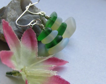 Frosted Sea Glass Dangle Earrings: Green Pebble Sterling Silver