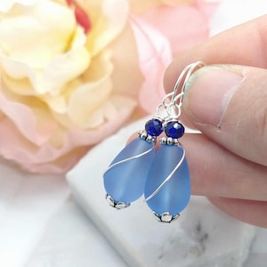 Ladies Blue Teardrop Seaglass Dangle Earrings, Dainty Gift For Her, Cobalt Stone Drop Earrings