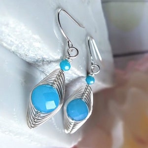 Vivid Blue Dainty Dangle Earrings, Wire Wrapped Crystal Drop Earrings, Sterling Silver Dainty Earrings For Women, Gift For Her, Small Bridal