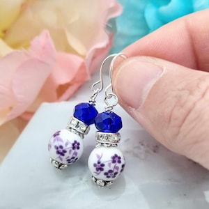 Lilac Flower Dangle Earrings: Porcelain Floral Silver-Plated Jewelry