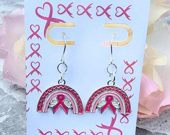 Pink Ribbon Rainbow Earrings – Breast Cancer Awareness Jewelry, Survivor Gift, Support Hope Earrings