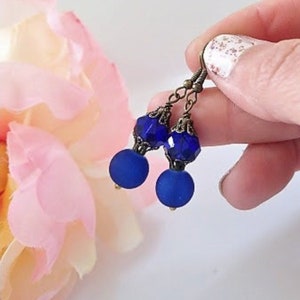 Frosted Sea Glass, Brass Dangle Earrings, Brass Earrings, Antique, Victorian Fashion, Art Deco, Beach, Gift For Her, Cobalt Blue