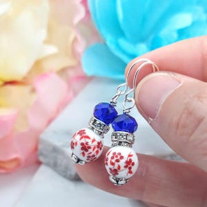 Red Floral Porcelain Earrings: Sterling Silver-Plated Dainty Jewelry
