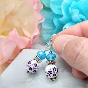 Lilac Porcelain Bead Dangle Earrings: Sterling Silver Floral Jewelry