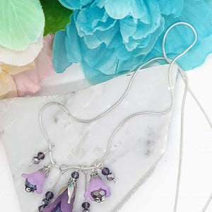 Purple Flower Necklace, Silver Chain Pendant, Bridal Statement Necklace, Elegant Handmade Beaded Choker