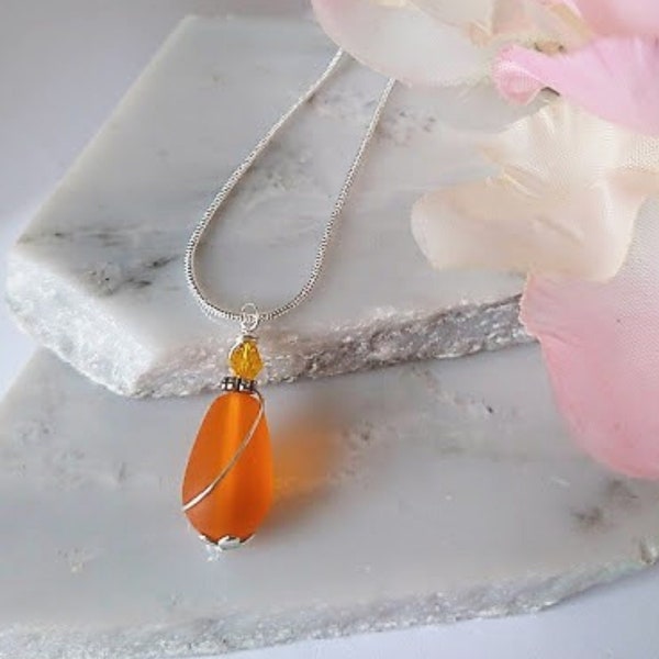 Orange Sea Glass "Swirl" Silver Snake Chain Necklace, Beach Earrings, Gift For Ocean Lover's, Beach Wedding