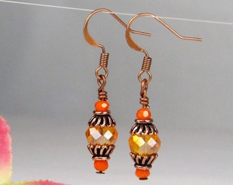 Sparkling Orange Crystal Antique Copper Dangle Earrings