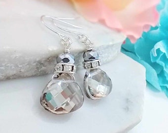 Faceted Metallic Silver Crystal Teardrop Silver Dangle Earrings, Ladies Bridal Earrings, Crystal Drops