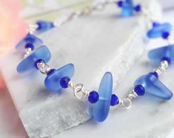 Handmade Cobalt Sea Glass Bracelet: Silver Chain Link, Beach Wedding