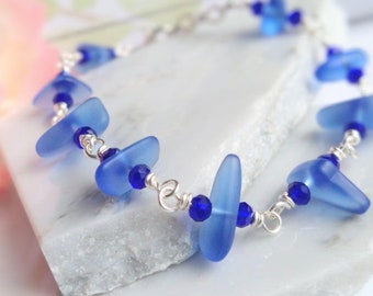 Cobalt Blue Sea Glass Beach Strand Silver Chain Link Bracelet, Beach Fashion, Beach Lover's Gift, Beach Wedding