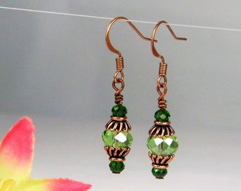Sparkling Green Crystal Antique Copper Dangle Earrings