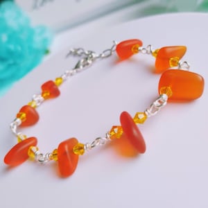 Orange Sea Glass Bracelet: Silver Chain Link, Beach Jewelry