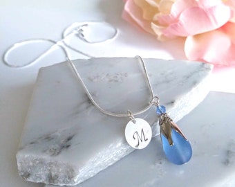 Personalized Sea Glass Stacked Necklace, Customizeable Beach Jewelry, Gift For Beach Lover, Beach Stone Pendant, Teardrop