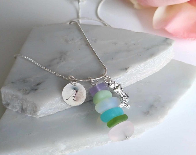 Personalized Sea Glass Stacked Necklace, Customizeable Beach Jewelry, Gift For Beach Lover, Beach Stone Pendant, Bridal Chain