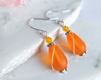 Orange Sea Glass Teardrop Earrings, Sea Foam Stone Dangle Earrings, Gift For Her, Bridal Earrings, Simple Drop Earrings