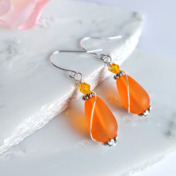 Orange Sea Glass Teardrop Earrings, Wire Wrap Sea Foam Sea Glass Earrings, Tear Drop Dangling Ear Rings, Eco & Allergy Free Beachy Jewelry