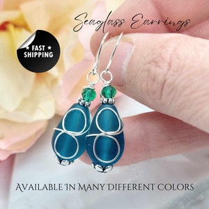 Teardrop Blue Frosted Seaglass Glass Earrings Everyday Wedding Sterling Silver Dangle Bridal Anniversary Gift Earrings Unique Jewelry
