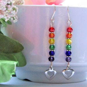 Rainbow Colored Heart Earrings, Stainless Steel Heart Charm Dangle Earrings, Lesbian Gay Pride Earrings, LGBTQ+ Earrings
