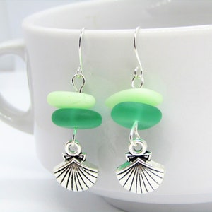 Frosted Mint & Emerald Green Sea Glass Beach Stone Pebble Silver Charm SEASHELL Earrings Dangle Earrings, Unique Earrings, Ocean