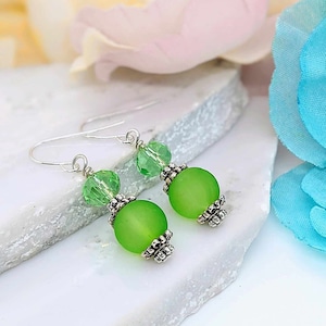 Green Sea Glass Silver Dangle Earrings-Beach Dangles-Gift For Beach Lover-Gift For Her-Bridal Drops-Minimalist Dainty