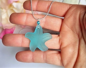 Starfish Sea Glass Necklace-Seaglass- Silver Snake Chain 18 Inch-Beach Charm-Ocean Lover-Gift For Her